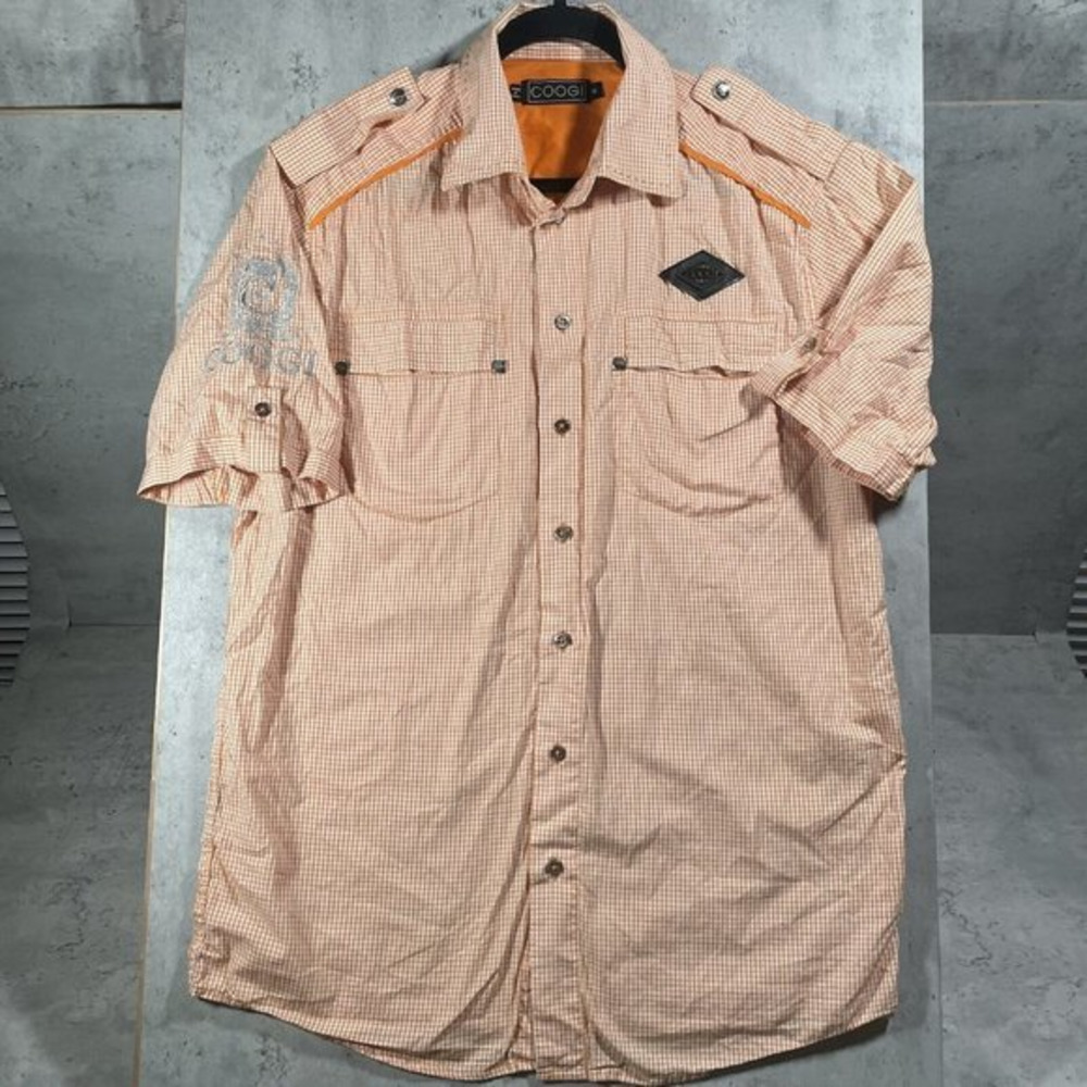 COOGI Mens Short Sleeve Button Up Shirt Orange Check Embroidered Emblem Size M
